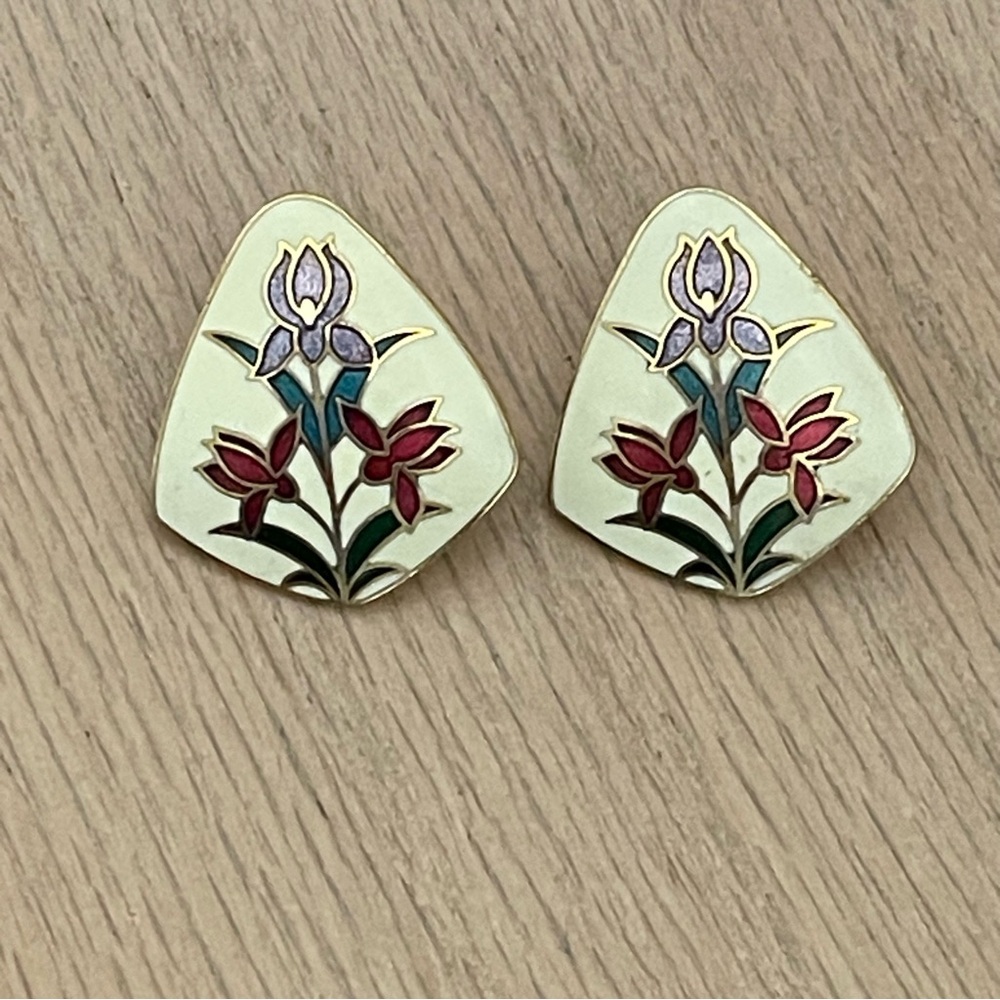 Vintage Cloisonne Tulip Earrings Gold Ivory Cream Colorful Floral Pierced Post